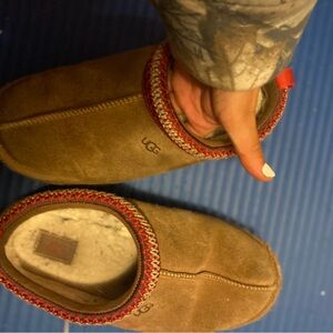 UGG Tan Slippers with Red Accents